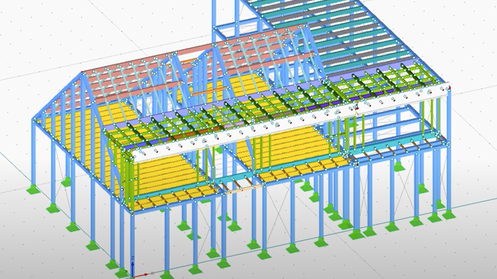 Modèle 3D détaillé d'un projet structurel, montrant une structure métallique avec des poutres et des planchers en bois, typique de l'AUSCULTATION DE L'EXISTANT à Nantes.
