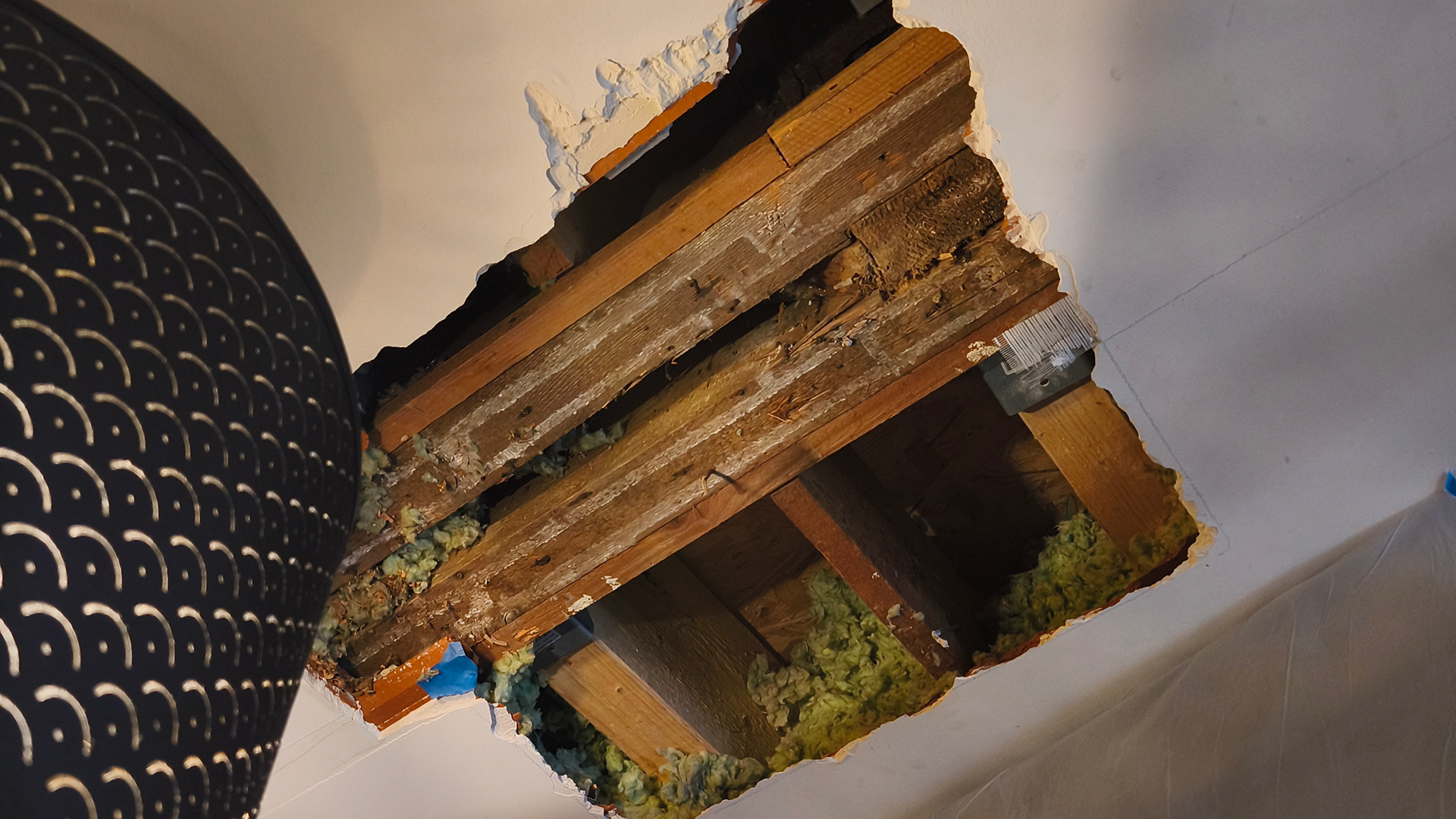 Vue d'une ouverture dans un plafond, révélant des poutres en bois et de l'isolant vert au niveau du Bureau d'études à NANTES, AUSCULTATION DE L\'EXISTANT.